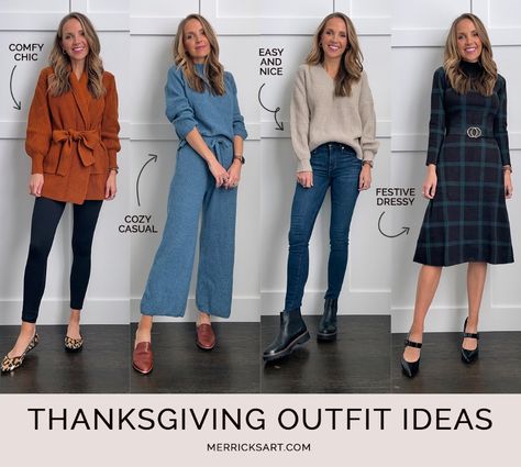 Thanksgiving Outfit Ideas (Dressy + Casual) - Merrick's Art Family Thanksgiving Outfits 2022, Thanksgiving Outfit Ideas 2023, Thanksgiving Weekend Outfits, Thanksgiving Host Outfit Women, Casual Thanksgiving Outfits 2022, Family Dinner Outfit Winter, Casual Thanksgiving Outfits Comfy, Thanksgiving Outfits Women 2023, Comfortable Thanksgiving Outfit