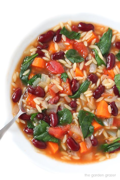 One pot. 30 Minutes. 10-ingredients. This easy Kidney Bean, Spinach, Orzo Soup is simple yet cozy and made with lots of pantry staples for an easy, healthy weeknight meal (vegan) Spinach Orzo Soup, Healthy Staples, Vegan Weeknight Meals, Spinach Orzo, Garden Grazer, Recipes With Kidney Beans, Orzo Soup Recipes, Spinach Healthy, Wholesome Meals