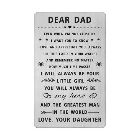 PRICES MAY VARY. Dad Gifts from Daughter - What's more than a personalized gift for your daddy? the unique gift will be appreciated by your hero dad for many years to come. Dad Father's day gifts Love Dad Birthday Card - I know you don't always say your love for dad, but the amazing gift for your older father is the unique way to express your love on his birthday party Size and Package - Card Sized (Just 3.35" x 2.13" x 0.03"). Fits for any wallet, Comes with a free nice gift envelope, Prefect g Father Birthday Cards From Daughter, Dads Birthday Cards From Daughter, Birthday Presents For Dad From Daughter Handmade Gifts, Funny Things To Put On Your Dads Birthday Card, Birthday Card For Dad From Daughter Cricut, Wallet Insert Card, Dad Wedding Gift, Father Presents, Thank You Presents