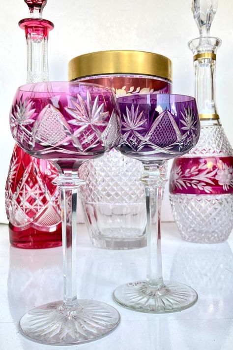 S H O P N O W - The color's from this cut-to-clear crystal Glassware are like a candy store. Discover more exclusive Vintage-Antique Wine Glasses in color here. Bar Cart Vintage, Lilac And Orange, Vintage Bar Carts, Crystal Wine Glasses, Blue Lilac, Shop Bar, Crystal Glassware, Vintage Barware, Candy Store