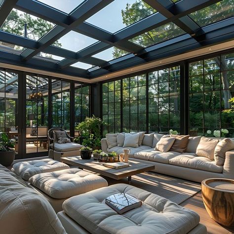 High Ceiling Sunroom, Conservatory Ideas Interior Decor, Solarium Room, Modern Sunroom, Outdoor Sunroom, Modern Conservatory, Conservatory Ideas, Contemporary Garden Rooms, Glass House Design