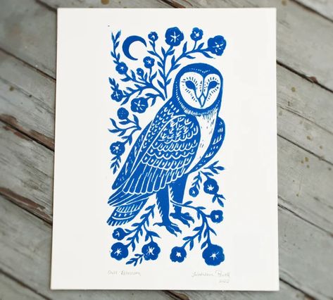 Cute Owl Illustration, Owl Folk Art, Lino Print Pattern, Folk Art Illustration, Gritty Texture, Bird Folk Art, Owl Coloring Pages, Textured Watercolor, Linocut Printmaking