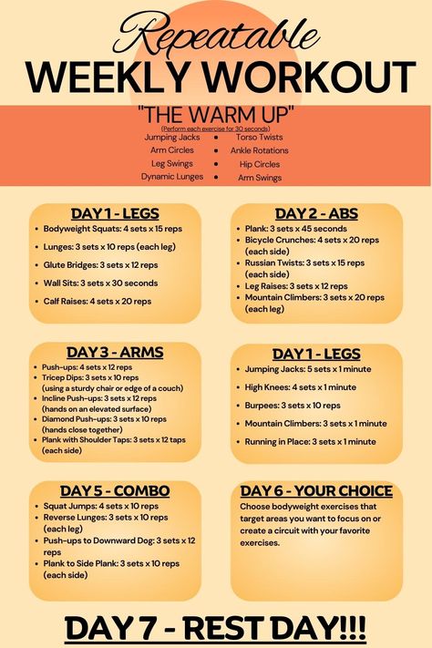 Beginner Daily Workout At Home, Arms Legs Abs Workout 30 Day, Ppl Workout Routine Beginner, Tone Up Workouts At Home, Beginners Arm Workout Women, Repeatable Weekly Workout, Beginner Excercise Routine, Let Day Workout At Home, 30 Minute Workout At Home For Beginners