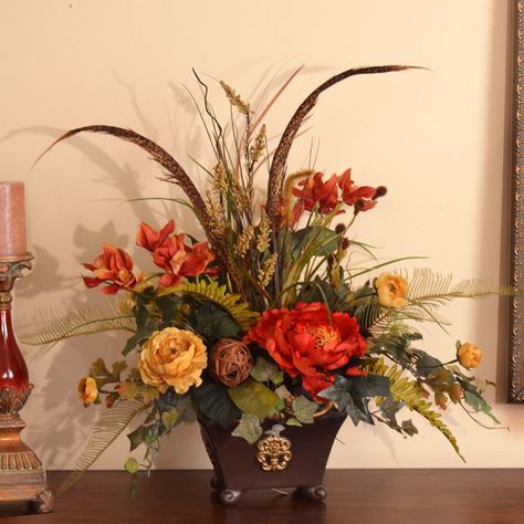 Floral Home Decor Orchid, Peony and Feather Silk Flower Arrangement Silk Floral Centerpiece, Thanksgiving Floral Arrangements, Rose Centerpiece, Peony Arrangement, Thanksgiving Floral, Sunflower Arrangements, Silk Orchids, Peonies And Hydrangeas, Silk Arrangements