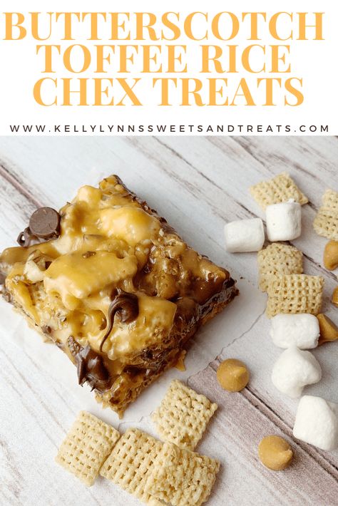 Butterscotch Toffee Rice Chex Treats - Scotcheroos without peanut butter or corn syrup! Butterscotch chips and marshmallows are used to make these Rice Chex treats, with bits of toffee throughout Kelly Lynn's Sweets and Treats Rice Chex Cereal Bars, Chex Marshmallow Bars, Rice Chex Bars, Chex Dessert Recipes, Chex Scotcheroos Recipe, Gf Squares, Rice Chex Treats, Rice Chex Recipes, Chex Dessert