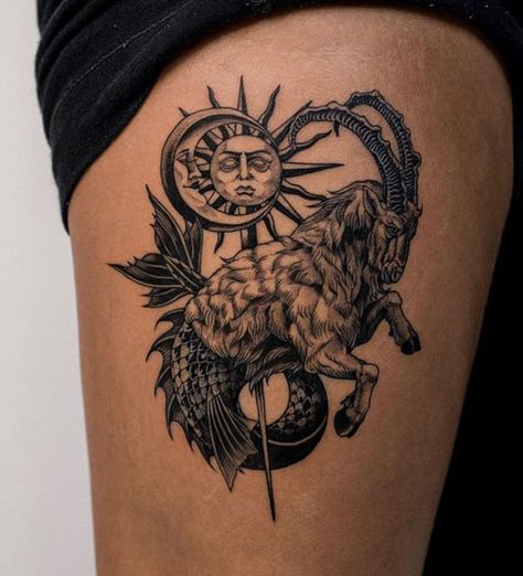 30+ Unique Capricorn Tattoo Designs With Best Placement Ideas Goat Zodiac Tattoo, Year Of The Goat Tattoo Design, Astrology Tattoo Capricorn, Seagoat Tattoo Capricorn, Year Of The Goat Tattoo, Goat Tattoo Capricorn, Capricorn Tattoo For Men Design, Seagoat Tattoo, Capricorn Goat Tattoo