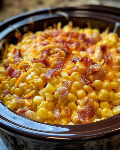 Everyone in the family loves this! We always end up with clean plates! Homestyle Side Dishes, Family Favorite Side Dishes, Corn Casserole In Crockpot Crock Pot, Slow Cooker Cheddar Corn With Bacon, Crockpot Sides For Potluck, Thanksgiving Side Dishes With Corn, Corn Bacon Side Dish, Crock Pot Side Dishes For Bbq, Potato And Corn Recipes