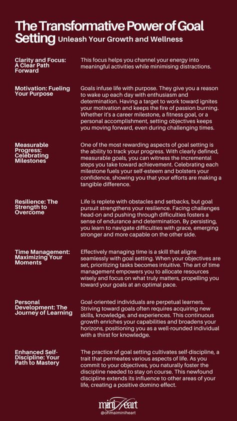 Transform your life with the power of clear, focused goals! 🌟 Whether you're chasing personal growth, career success, or wellness milestones, setting specific objectives is your key to:  ✅ Clarity & Focus ✅ Motivation ✅ Progress Tracking ✅ Resilience ✅ Time Management ✅ Personal Growth ✅ Self-Discipline Personal Growth Quotes Self Improvement Tips, Wellness Careers, 2025 Goal, Physical Goals, Personal Goals List, Mission Statements, Goal Setting Activities, Lifestyle Hacks, Focus Motivation