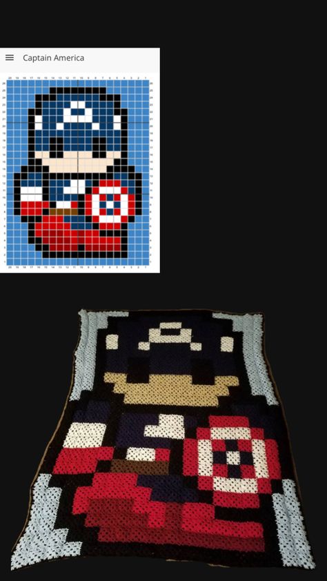 #CaptainAmerica #Marvel #Avenger #Crochet #CrochetBlanket #Blanket #GrannySquare #GrannySquareBlanket #Pixel #PixelBlanket #StitchFiddle #HandMade #CrochetwithLove #HandMade #8Bit Marvel Crochet, Crochet Blanket Pattern, Crochet Blanket Patterns, Blanket Pattern, Super Cool, Captain America, Crochet Blanket, Blankets, Crochet Patterns