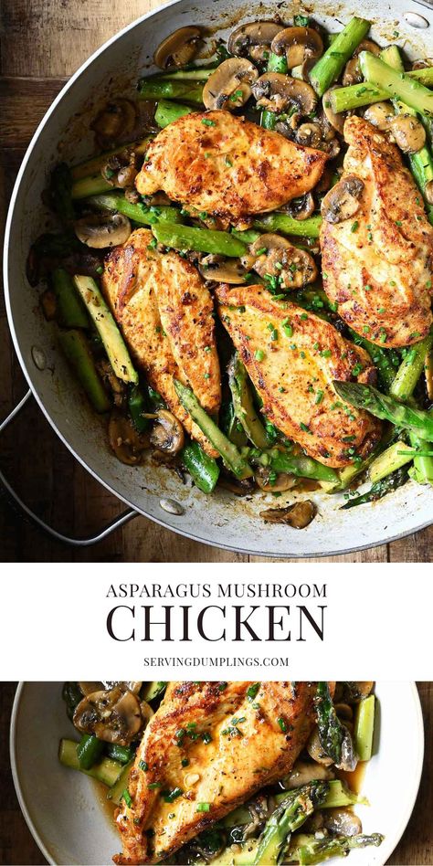 Chicken with Asparagus and Mushrooms Chicken With Asparagus And Mushrooms, Chicken Thighs And Asparagus Recipes, Keto Chicken Asparagus Recipes, Dinner Ideas With Asparagus, Dinners With Asparagus, Asparagus And Chicken Recipes, Newlywed Meals, Chicken And Asparagus Recipes, Chicken Asparagus Recipe