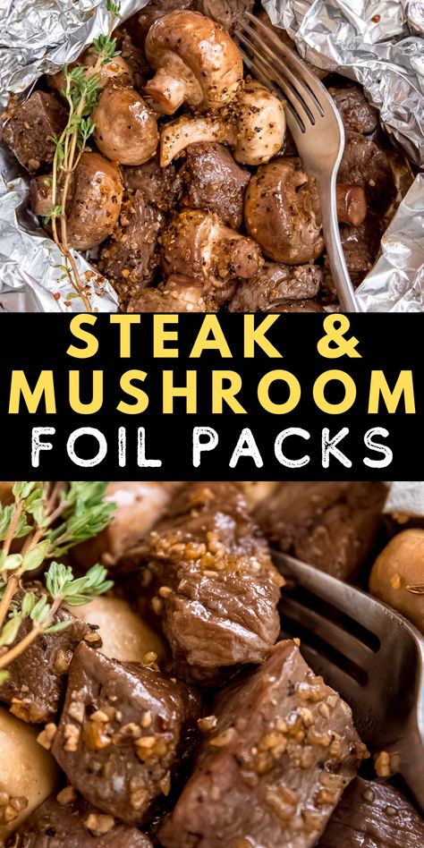 Steak and Mushroom Foil Packs are loaded with marinated sirloin steak and tender mushrooms. This is the perfect camping or cookout food! It requires minimal ingredients and cooks in under 20 minutes! Steak And Mushroom Foil Packets, Steak Camping Meals, Sirloin Steak Mushroom Recipes, Keto Camping Food Ideas, Keto Camping Food, Foil Pack Recipes, Keto Camping, Cookout Recipes, Hobo Dinners