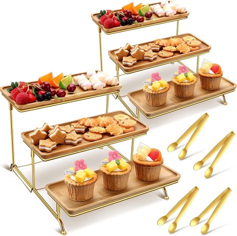 Thyle 2 Pcs 3 Tier Serving Trays Stand Rectangle Bamboo Tiered Serving Platters Dessert Table Display Set with 4 Pcs Serving Tongs Rustic Tiered Trays with Metal Rack for Food Fruit Dessert Cupcake Luxury Catering Display, Wedding Party Food, Cupcake Gold, Dessert Table Display, 3 Tier Serving Tray, Tiered Serving Stand, Food Display Stands, Tiered Tray Stand, Easter Wedding