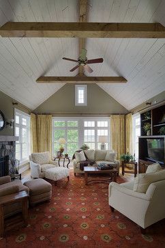 Shiplap and beam ceiling Collar Ties Ceiling Exposed Beams, Pitch Ceiling With Beams, Ideas For Cathedral Ceilings, Shiplap Ceiling With Beams Living Room, Cathedral Ceiling Paint Ideas, Traditional Farmhouse Living Room, European Farmhouse Living Room, French Farmhouse Living Room, Pine Ceilings