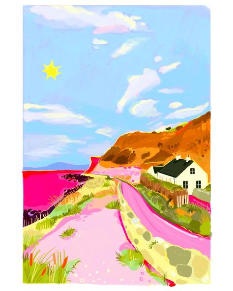 🌞Corrymeela 🌞 #corrymeela #corrymeelaireland #ireland_gram #ireland #irish #ballycastle #ballycastlebeach #northcoast #northcoastireland #giantscauseway #illustrator #illustrationartists #illustration #illustratorsfair23 #landscape #landscapeillustration #art #artist #artoftheday Ireland Illustration, Ireland Watercolor Painting, Irish Artists Paintings, Ireland Landscape Painting, Ireland Painting, Irish Landscape Art, Irish Landscape Painting, Castle Beach, Giant’s Causeway