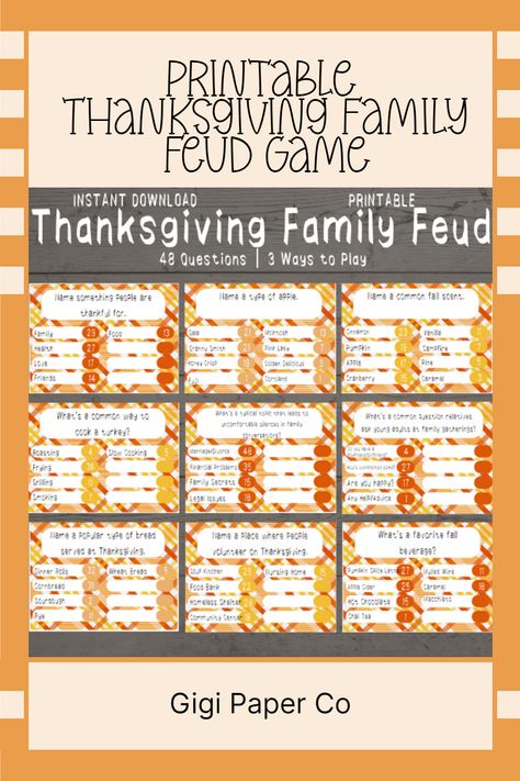 Bring some excitement to your Thanksgiving gathering with this Printable Family Feud Game! Featuring Fall and Autumn-themed trivia questions, it's the perfect way to have a fun and memorable celebration with family and friends. Click to download and start playing today! Thanksgiving Family Feud Questions, Thanksgiving Family Feud, Family Feud Questions, Thanksgiving Trivia, Games Thanksgiving, Diy Party Games, Thanksgiving Facts, Thanksgiving Gathering, Family Feud Game