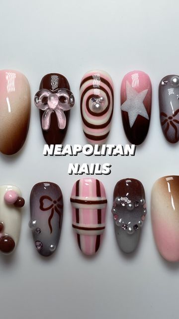 Neapolitan Nails, Nail Board, Airbrush Nails, 3d Nail Art, 3d Nails, Press On Nails, Nail Inspo, Ribbon, Collage