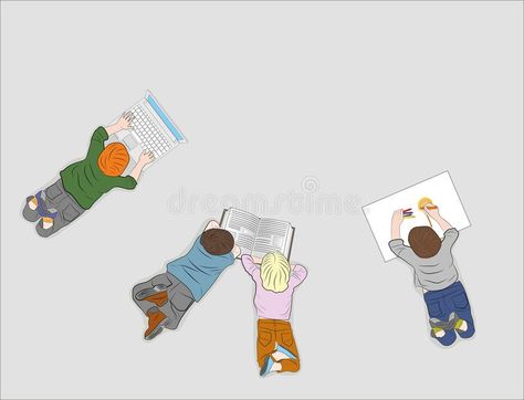 Reading A Book Drawing, Children Rights Drawing, A Book Drawing, Top View People, Children Playing Illustration, Top View Illustration, People Top View, Kids Running Illustration, Girl Child Day Drawing