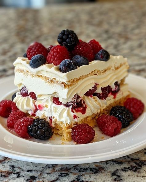 Adapted my nana's version! Still divine! Even though she's not here, she's still here in spirit! Ritz Icebox Cake, Lemon Berry Ritz Icebox Cake, Best Fruit Desserts, Brunch Birthday Cake, Lemon Berry Icebox Cake, Berry Ice Box Cake, Desserts With Raspberries, Summer Deserts Ideas, Light Desserts Recipes