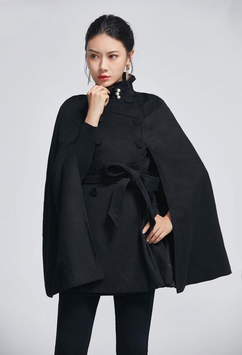 Cape Coat Outfit, Short Cape Coat, Winter Cape Coat, Black Cape Coat, Belted Cape, Cape Outfit, Winter Cape, Punk Style Outfits, Cape For Women