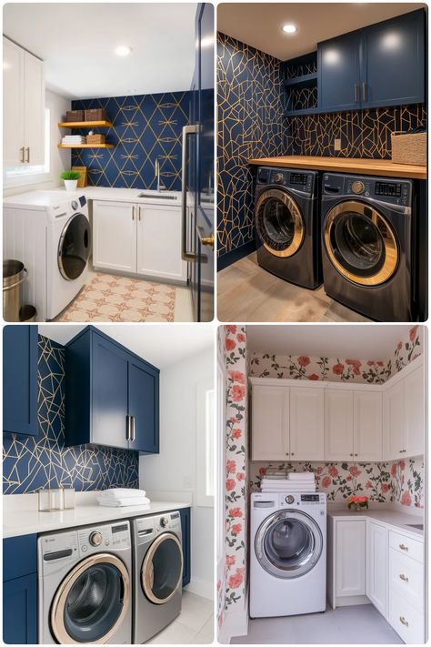 Modern laundry rooms in various styles featuring navy and floral designs wallpaper with sleek appliances Blue And Pink Laundry Room, Blue Washer Dryer Laundry Room, Navy Laundry Room Ideas, Ge Sapphire Blue Washer Laundry Room, Blue Washer And Dryer Laundry Room, Laundry Room Navy, Dark Blue Laundry Room, Navy Blue Laundry Room, Navy Laundry Room