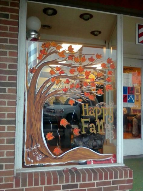 2014 Fall Fall Tree Window Painting, Fall Window Mural, November Window Art, Fall Window Art Painting, Fall Window Painting Ideas Easy, Thanksgiving Window Art, Thanksgiving Window Painting, Fall Mural, Drawing Windows