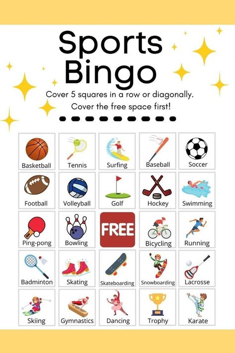 Sports Bingo Game with Activities like Surfing Swimming Tennis Basketball Soccer Football Golf Summer Bingo, Sports Activities For Kids, Bingo Games For Kids, Free Bingo Cards, Elementary Physical Education, Bingo For Kids, Bingo Template, Teaching Game, Sport Craft