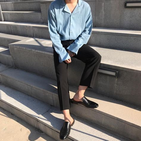 #fashion #korean #korea #Koreanfashion #boys #Ulzzang #boy Blue Outfit Korean Men, Blue Outfit Korean, Light Blue Trousers Outfit, Blue Trousers Outfit Men, Soft Blue Outfit, Black Outfit Korean, Blue Shirt Outfit Men, Outfit Ideas For Boys, Blue Trousers Outfit