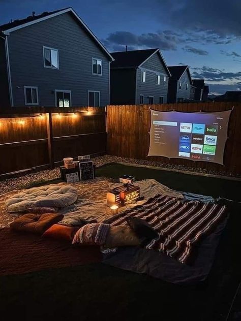 Movie Date Night At Home Outside, Drive In Movie Backyard, Diy Backyard Movie Night Ideas, Outside Movie Date Night, Projector Date Night Outside, Movie Outside Outdoor Theater, Backyard Movie Date Night, Movie In The Backyard, Movie Night In Backyard