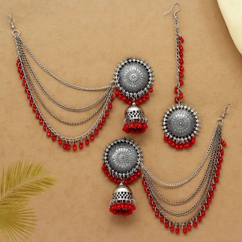 Red Jhumka, Indian Jewelry Sets, Kundan Earrings, Indian Earrings, Silver Plated Jewelry, Rhinestone Bead, Red Stone, Indian Jewelry, Chain Lengths