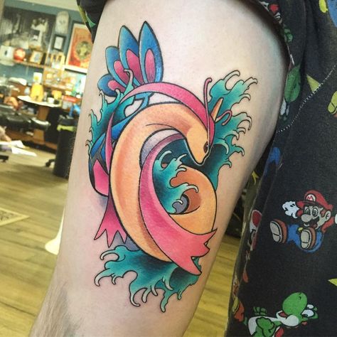 A custom Milotic done today on Jack who sat for almost five hours like an absolute champ - this is his first tattoo! Really enjoyed myself, thanks so much! #pokemon #tattoo #nofilter #pokemontattoo #gottacatchemall #pokemongo #milotic #watertype #sunandmoon #pokemonsunandmoon #gamingtattoo #videogametattoo Milotic Tattoo, Water Tattoos, Nerd Tattoos, Nintendo Tattoo, Pokemon Tattoos, Nerd Tattoo, Video Game Tattoo, Water Tattoo, Pokemon Tattoo