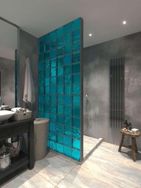 Glass Wall Divider Bathroom, Bathroom Decor Art Deco, Bathroom Ideas Blue Walls, Cool Shower Ideas, Turquoise Tile Bathroom, Cool Bathroom Tile, Grey Tile Bathroom, Narrow Bathroom Ideas, Dream Bathroom Ideas