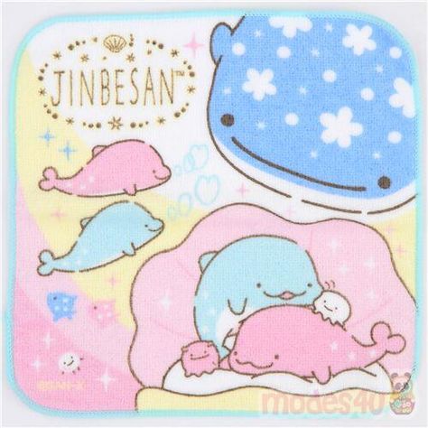 small Jinbe San towel with whale sharks etc., colorful tea towel with Jinbesan and pearl dolphins by San-X, size: width: ca. 21cm (8.3"), height: ca. 21cm (8.3") #MarineLife #OtherCharacters #Animals #AnimalPrint #Characters #Towels #FoodCloth Shark Plush, Whale Sharks, Doll Japan, Cute Whales, Kawaii Plushies, Mini Hands, Cute Games, Plush Toy Dolls, Whale Shark