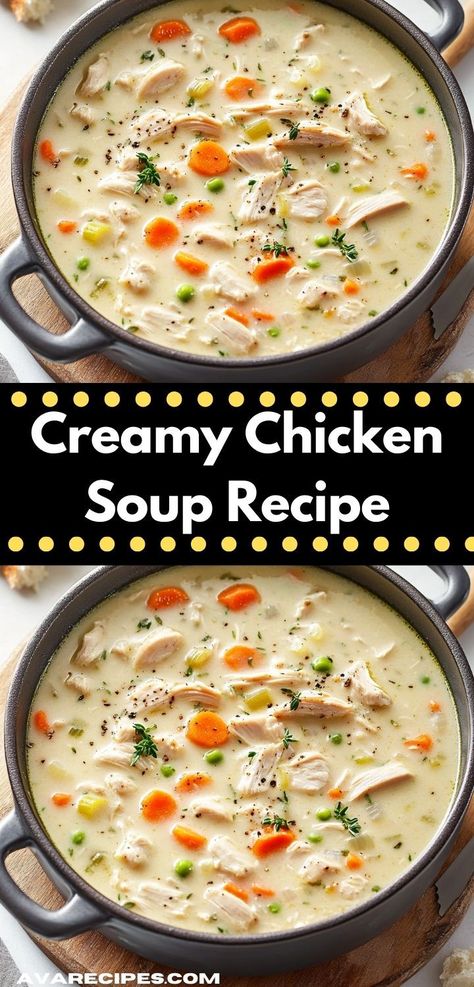 Craving a comforting bowl of soup? This creamy chicken soup recipe is packed with flavor and made in just 30 minutes. It's the perfect family dinner solution for busy weeknights. Chicken Vegetable Soup Crockpot, Chicken Soup Recipes Crockpot, Hearty Chicken Soup, Chicken Soup Crockpot, Chicken Veggie Soup, Chicken Vegetable Soup Recipes, Vegetable Soup With Chicken, Chicken Soup Recipe, Creamy Chicken Soup