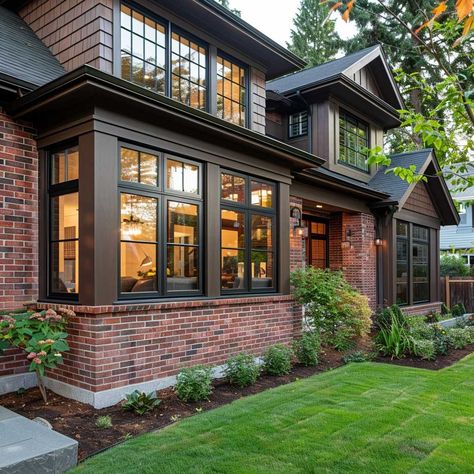 Warm and Inviting Brown Outdoor Window Trim • 333+ Art Images Brick House With Dormer Windows, Brown Brick With Black Trim, Red Brick House Exterior Landscaping, Colored Brick House Exterior, Brick And Wood Home Exterior, Dark Red Brick House Exterior Colors, Black Windows Brown Trim, Brown Siding With Black Trim, Red Brick Home With Black Windows