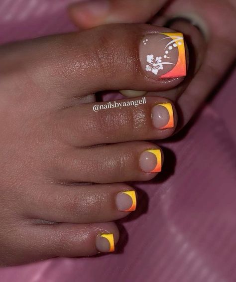 Summer Acrylic Toes, Neon Toenails, Big Toe Designs Toenails, Yellow Toe Nail Designs, Big Toe Nail Designs, Summer Nails And Toes, Yellow And Pink Nails, Yellow Toes, Cute Toenail Designs