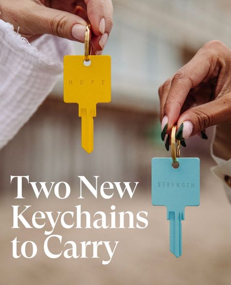 The perfect additions for Spring: Our two new keychains have landed: Bright Yellow and Sky Blue! These hopeful hues are reminders of the inspiration we can find through color and words we need. ⁠ ⁠ (*style tip: we love seeing people rock these on their bags / purses 👜 👛 🔥)⁠ ⁠ https://www.thegivingkeys.com/collections/keychains/keychain Key Ring Packaging Ideas, Keychain Product Shoot, Keychain Photography Ideas, Motel Keychain Packaging, Keychain Package, Ephemera Ideas, Shop Photography, Key Wallet, Meaningful Words