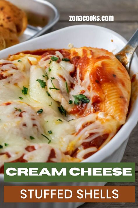 These Cream Cheese Stuffed Shells have jumbo pasta shells filled with a creamy, cheesy mixture of chives or green onions, topped with spaghetti sauce and gooey cheese, and garnished with fresh parsley or fresh basil. This easy recipe uses just 6 ingredients and makes a great side dish or meatless main dish for lunch or dinner for two. This comfort food is great served with a side of garlic bread. Stuffed Jumbo Pasta Shells Cream Cheese, Stuffed Shells Cream Cheese, Chive And Onion Cream Cheese Recipes, Stuffed Shells With Cream Cheese, Cream Cheese Stuffed Shells, Stuffed Shells Vegetarian, Pasta Side Dishes Easy, Homemade Meatballs Easy, Meatless Pasta