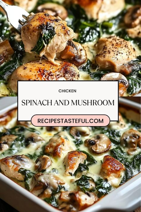 A healthy, low-carb baked dish with tender chicken, sautéed spinach, and earthy mushrooms. Perfectly seasoned and baked to perfection—this one-pan meal is a delicious, nutritious option for busy weeknights! Chicken Spinach Mushroom Low Carb Dish, Spinach Mushrooms Chicken, Chicken Spinach Mushroom Low Carb Oven Dish, Chicken Mushroom And Spinach Recipes, Chicken Spinach And Mushroom Low Carb Oven Dish, Chicken Spinach Mushroom Low Carb, Chicken Spinach And Mushroom Low Carb, Spinach Mushroom Recipes, Mushroom Spinach Chicken