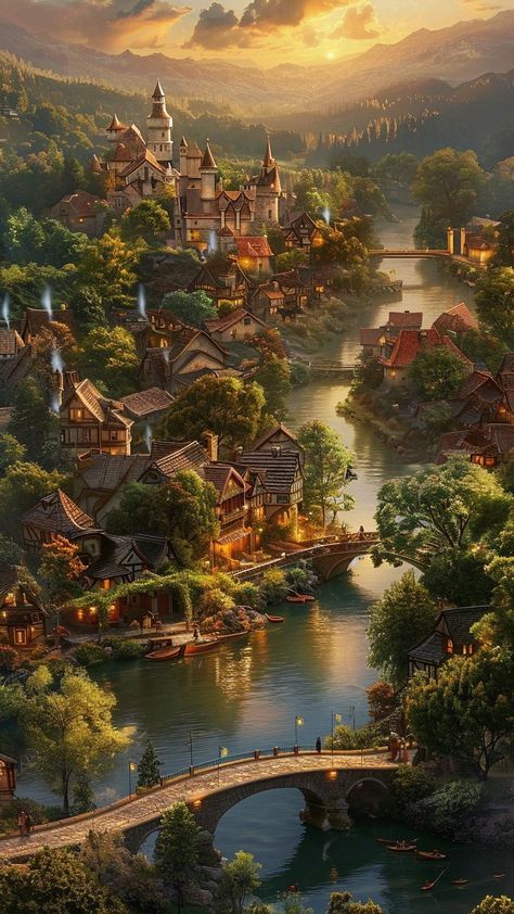 Medieval City Aesthetic, Fantasy Village Art, Magical Village, Funny Puppies, Puppies And Kittens, Fantasy Village, Fantasy Town, Fantasy Homes, Fantasy House