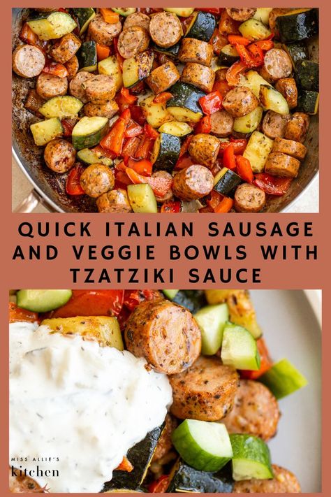 Top photo: sausage and veggies in a pan
Bottom photo: Sausage and veggies plated and topped with tzatziki sauce Low Cal Sausage Recipes, Sausage Bowls Recipe, Mediterranean Chicken Sausage Recipe, Mediterranean Sausage Recipes, High Protein Sausage Recipes, Low Calorie Sausage Recipes, Low Carb Italian Sausage Recipes, High Protein Italian Recipes, Italian Sausage Recipes Healthy