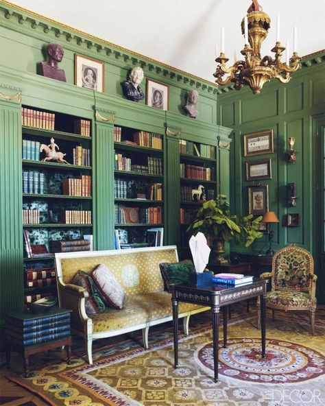 Looking for library inspiration? Check out these 20 stunning home libraries. Green Bookshelves, Green Library, Green Shelves, Victorian Interior, Home Library Design, Green Walls, Home Libraries, Living Room Green, Green Interiors