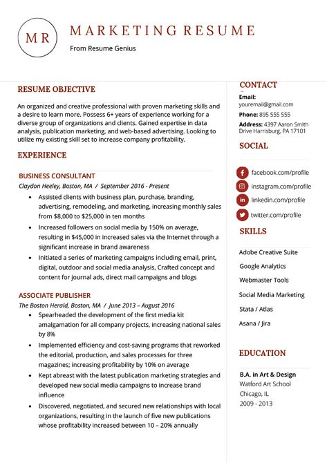 Marketing Resume Sample & Writing Tips | Resume Genius Marketing Resume Examples, Analyst Resume, Business Analyst Resume, Professional Resume Examples, Free Resume Examples, Marketing Resume, Sales Resume, Writing Guide, Student Resume