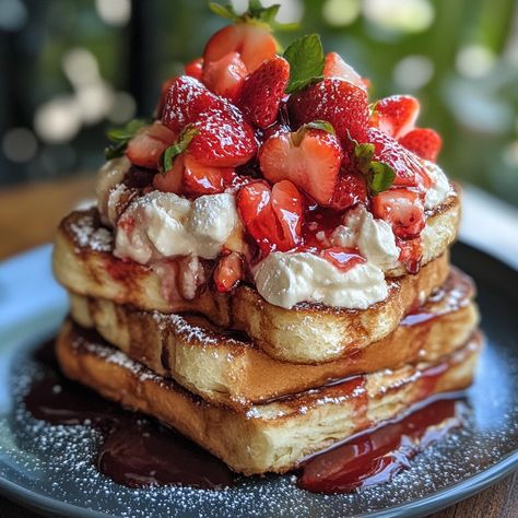 Strawberry Cheesecake French Toast 🍓🍞 Ingredients: For the French Toast: 8 slices of brioche or thick bread 3 eggs 1/2 cup milk 1 tsp vanilla extract 1/2 tsp cinnamon 1 tbsp butter, for cooking For the Cheesecake Filling: 1 (8 oz) package cream cheese, softened 1/4 cup powdered sugar 1/2 tsp vanilla extract 1 cup fresh strawberries, sliced Instructions: In a bowl, whisk together eggs, milk, vanilla extract, and cinnamon. In a separate bowl, beat together cream cheese, powdered sugar, and vani... French Toast Gourmet, French Toast Strawberry, Strawberry Cheesecake French Toast, Cheesecake French Toast, French Brioche, Berry French Toast, Strawberry French Toast, French Toast Ingredients, French Breakfast