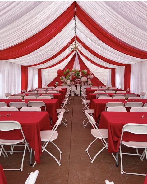 Red And White Tent Draping, Quince Red Theme, Red Quince Decorations, Ideas Para Xv Años, Party Tent Decorations, Tent Drawing, Ideas Para Xv, Navratri 2023, Wedding Tent Decorations