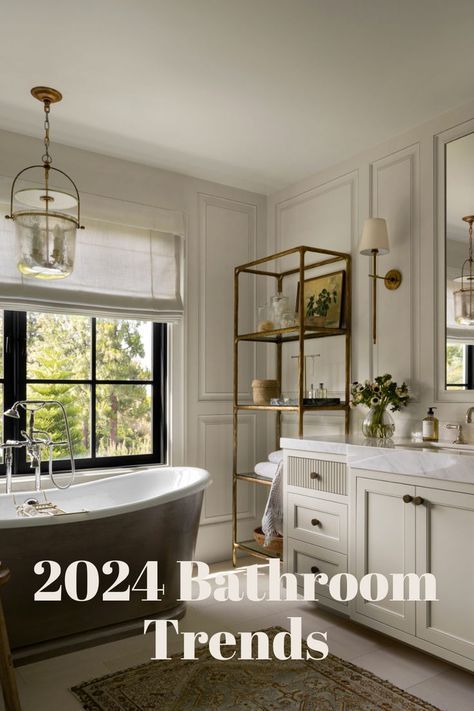 A Guide to the Hottest Bathroom Trends of 2024 Studio Mcgee Bathroom, Mcgee Bathroom, Modern Bathroom Trends, Bathroom Dream, Bath Trends, Vintage Style Rugs, Powder Room Makeover, Transitional Furniture, Eclectic Bathroom