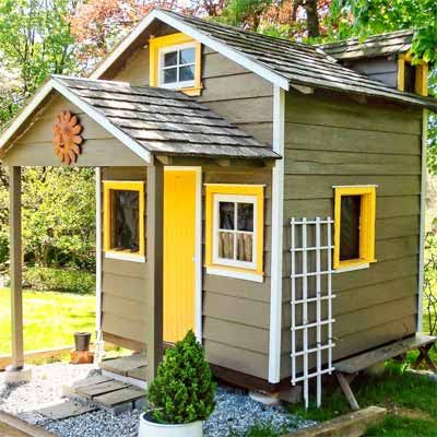 Relaxshacks.com: A Shed/Playhouse converted into a TINY HOUSE? Poss... Yellow Shed, Gardening Storage, Shed Playhouse, Stone Porches, Shed Makeover, Small Sheds, Outdoor Buildings, Backyard Sheds, Potting Sheds