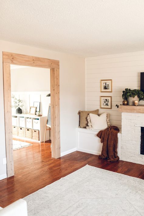 DIY Exposed Wood Doorway | Full Hearted Home Wood Frame Around Doorway, Decorative Door Frame, Beam Framed Doorway, Framing Arched Doorway, Wood Frame Doorway, Wood Beam Doorway, Door Frame Ideas, Beam Doorway, Wood Doorway