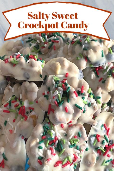 Salty Sweet Crockpot Christmas Candy is so delicious. It is so easy to make. By just putting your white chocolate, peanuts , pretzels and raisins all in your slow cooker Crockpot Candies, Crock Pot Christmas, Crockpot Christmas Candy, Crockpot Candy Recipes, Crockpot Christmas, Christmas Candy Easy, Christmas Candy Homemade, Easy Christmas Candy Recipes, Crockpot Candy