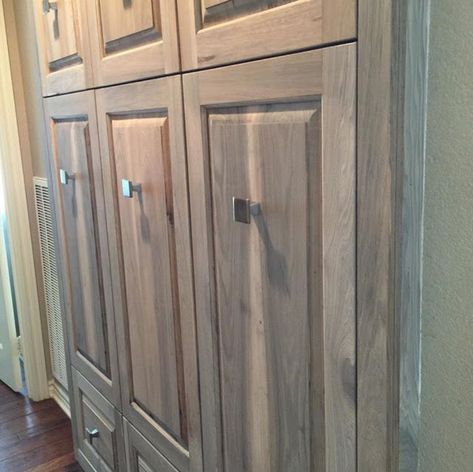 DIY Weathered Hickory Cabinets Stained Hickory Kitchen Cabinets, Stained Hickory Cabinets, Stained Hickory, Cabnits Kitchen, Stained Cabinets, Hickory Kitchen Cabinets, Hickory Kitchen, Farmhouse Makeover, Hickory Cabinets