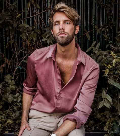 Rose Gold Outfit Men, Men’s Silk Shirt Outfit, Feathers Photoshoot, Mens Satin Shirt, Colorful Outfits Men, Men Couture, Rose Gold Shirt, Satin Shirt Men, Satin Shirt Outfit